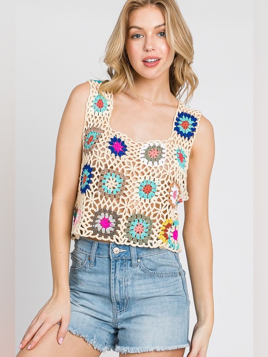 Sewn + Seen Tops - Sewn + Seen Natural Multi Color Handmade CrochetCoverTop (Flower Color May Vary)